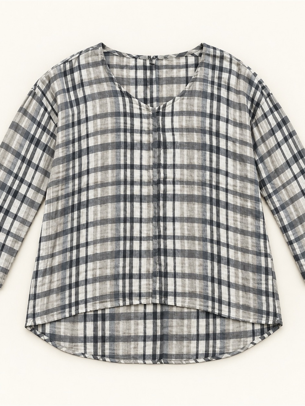 Flax 100% Linen Gray, Taupe & Ivory Plaid Relaxed V‑Neck Tunic